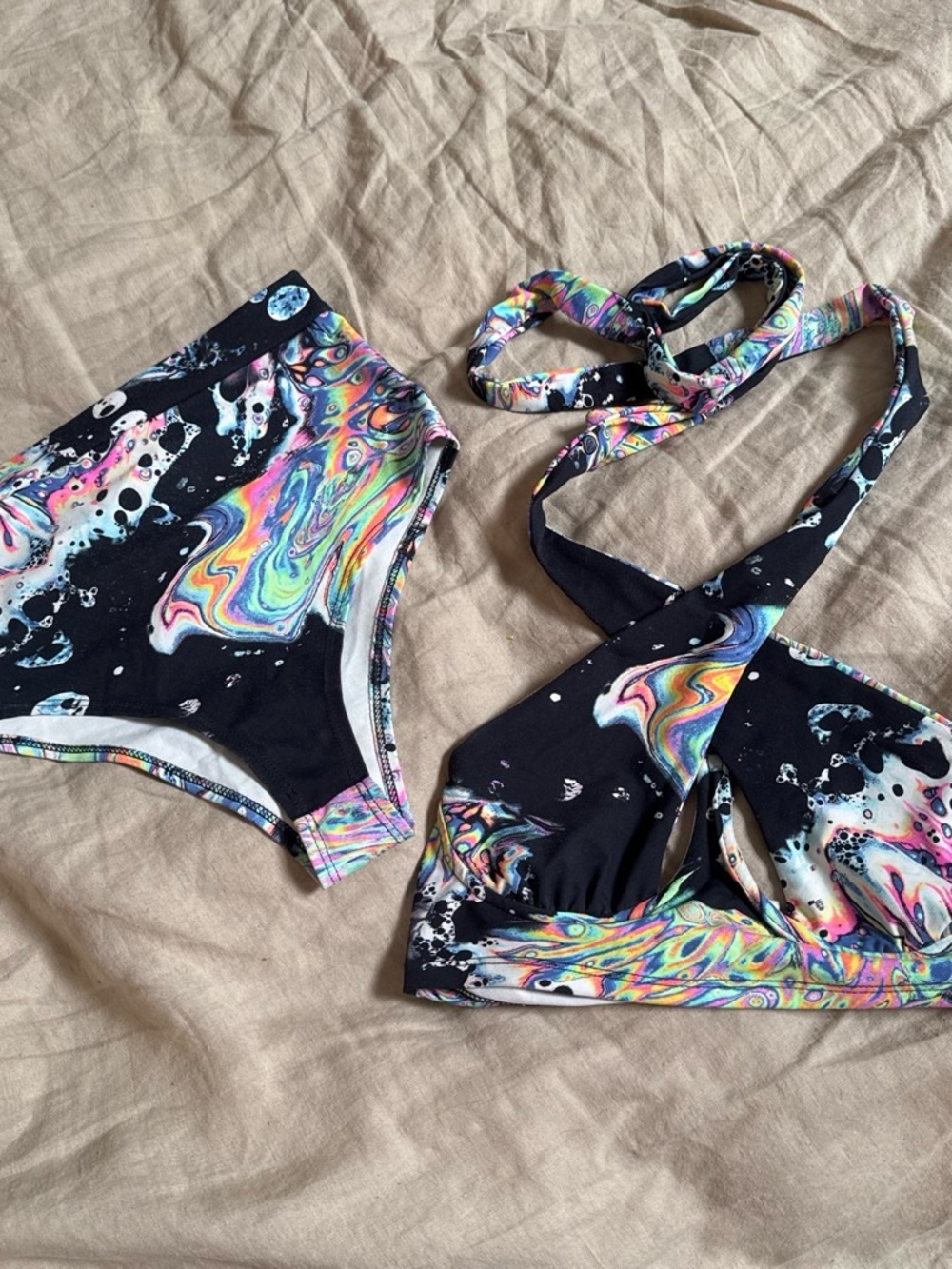 iHeartRaves Black Rainbow Marble High-Waist Bikini Set